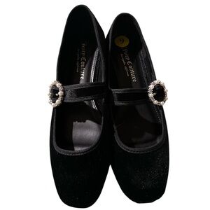 NEW Juicy Couture Velvety Black Mary Janes Flats Pearl Buckle